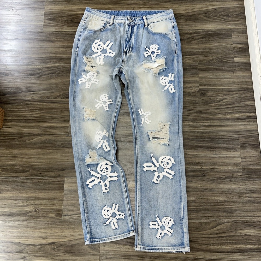 Guapi Jeans Men's Size L Distressed With Guapi Logo Patches 34x31